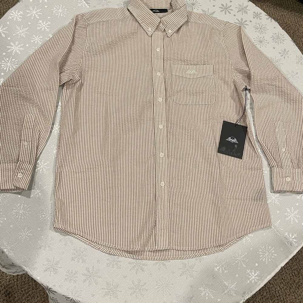 No Tomorrow Casual Tan and White Button Down Shirt Relaxed Fit